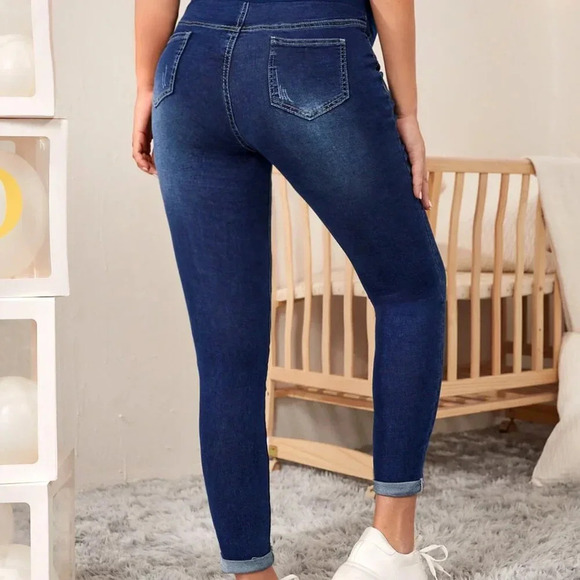 Dark Wash Women's Maternity High Waist Ripped Skinny Jeans - Picture 4 of 6